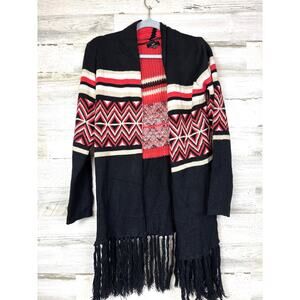 Iris Women’s M Black Orange Boho Long Sleeve Fringe Cardigan Sweater Soft Cozy